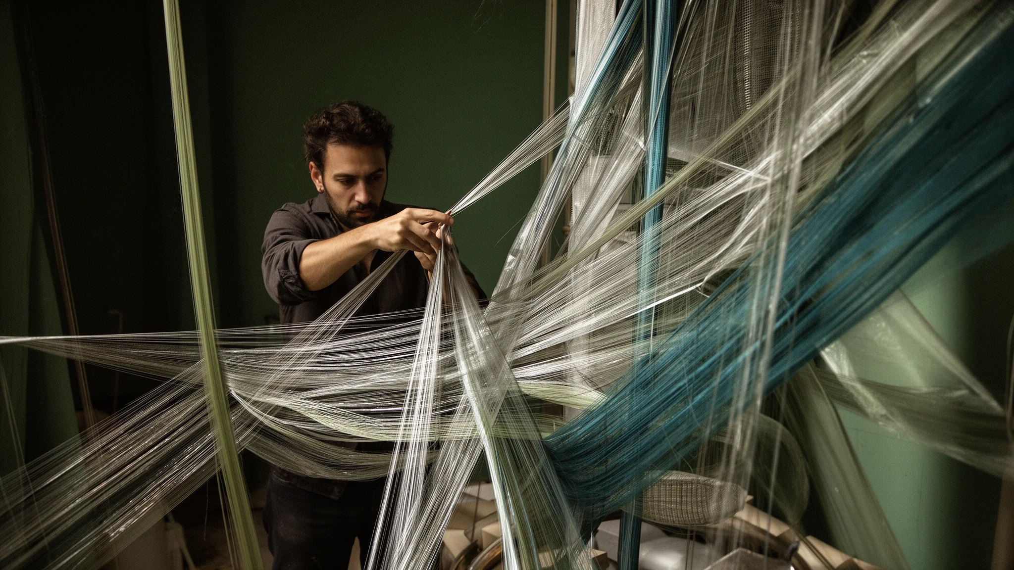 Una persona tende una fibra in un’installazione intrecciata verde acqua e salvia.